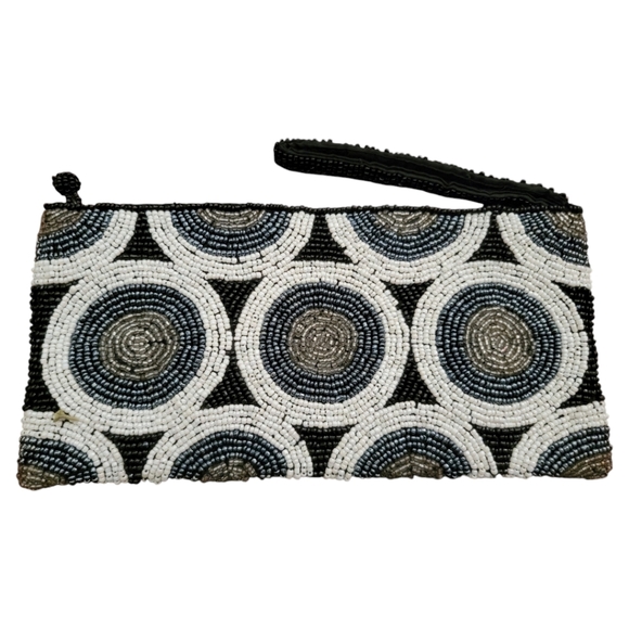 Beaded Evening Clutch Wristlet Blue Black White Clear beads - Picture 3 of 9